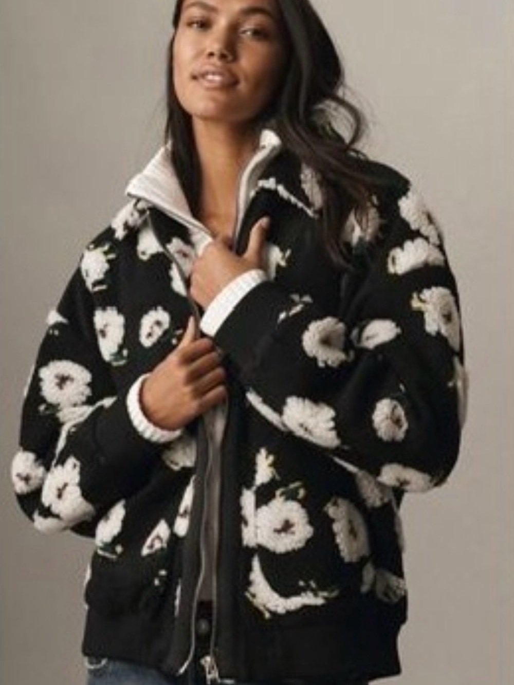 NWT ANTHROPOLOGIE 3D Floral Sherpa Fleece Bomber Oversized Jacket XS